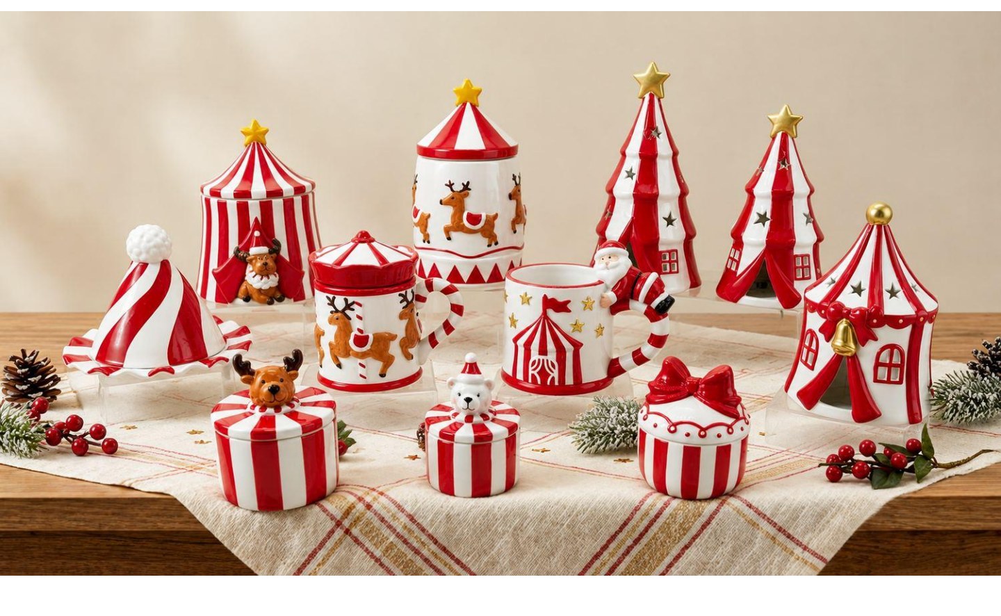 Red and white hand-painted Christmas ceramic tableware collection